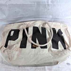 Victoria's Secret PINK‎ Canvas Tote Bag Cream Black Large Oversized
